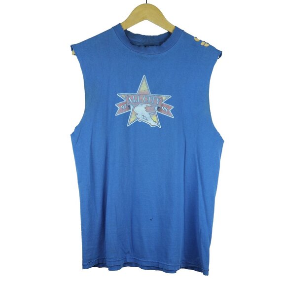 Menace All City Skateboards Shirt Men L Blue Sleeveless Distressed Vtg 90 Tultex
